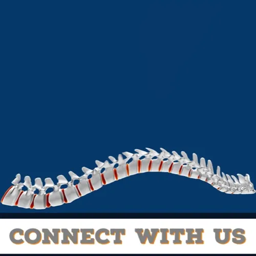 3D spine model on a navy background with text that reads 'Connect With Us'