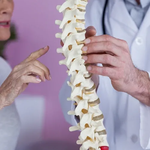 Doctor holding a spine model as a patient points during a chiropractic consultation